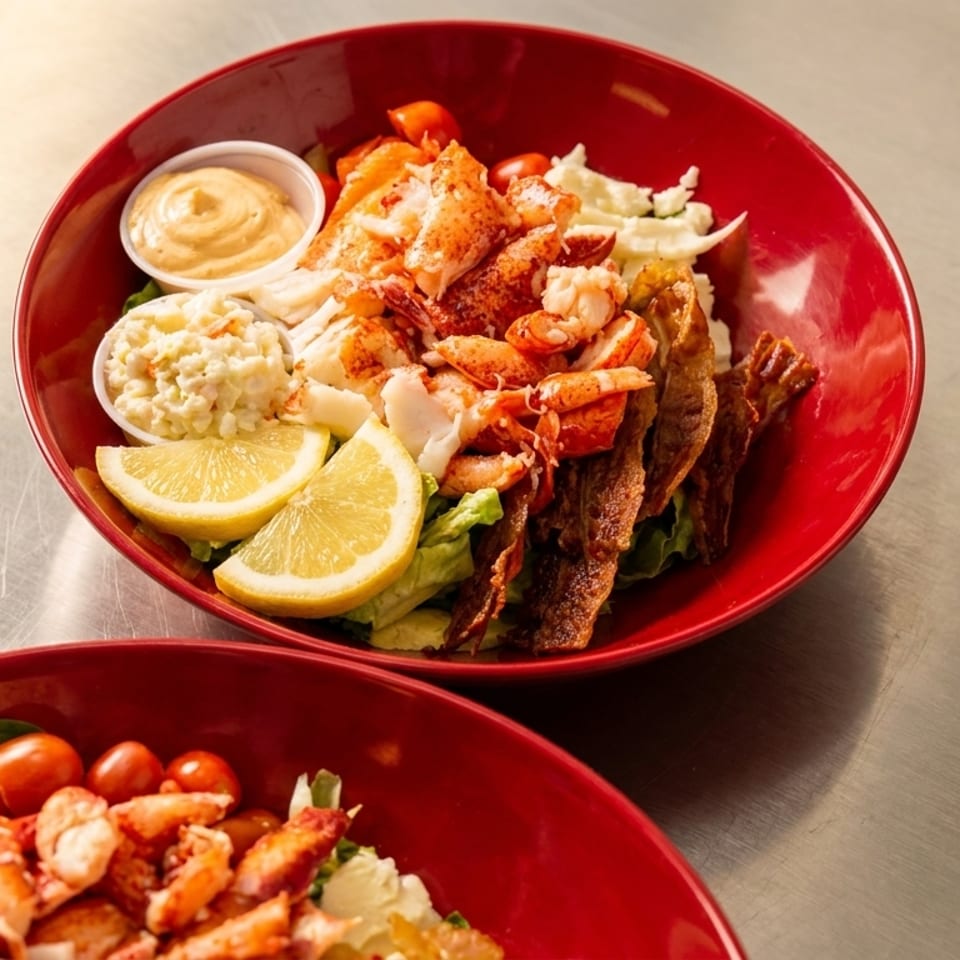 Two vibrant red bowls filled with lobster, bacon, salad, lemon wedges, and side sauces on a metal surface.